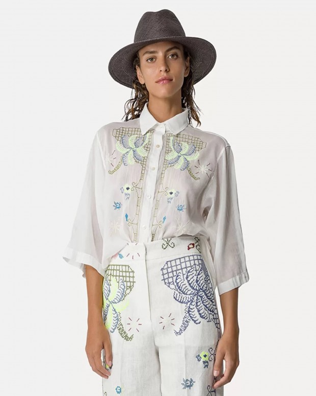 "EDEN" EMBROIDERY" CO/SE VOILE HALF SLEEVES SHIRT PURO